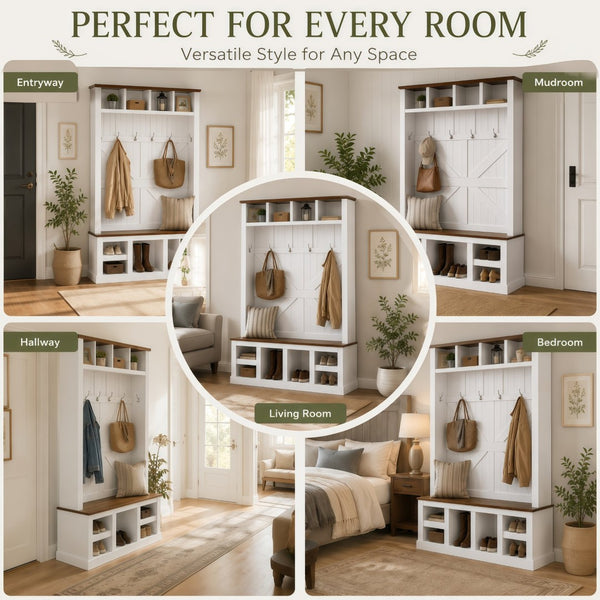 English Elm Farmhouse Hall Tree with Bench Cubbies and Hooks for Mudroom Entryway Storage W5271S00014