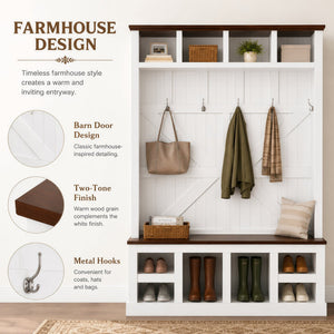 English Elm Farmhouse Hall Tree with Bench Cubbies and Hooks for Mudroom Entryway Storage W5271S00014