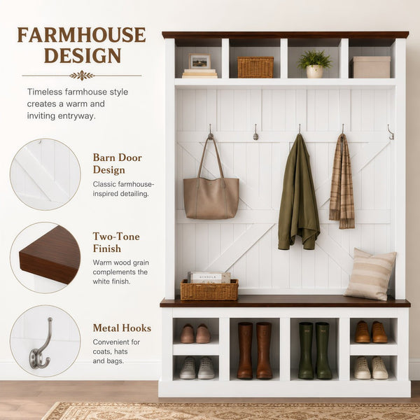 English Elm Farmhouse Hall Tree with Bench Cubbies and Hooks for Mudroom Entryway Storage W5271S00014