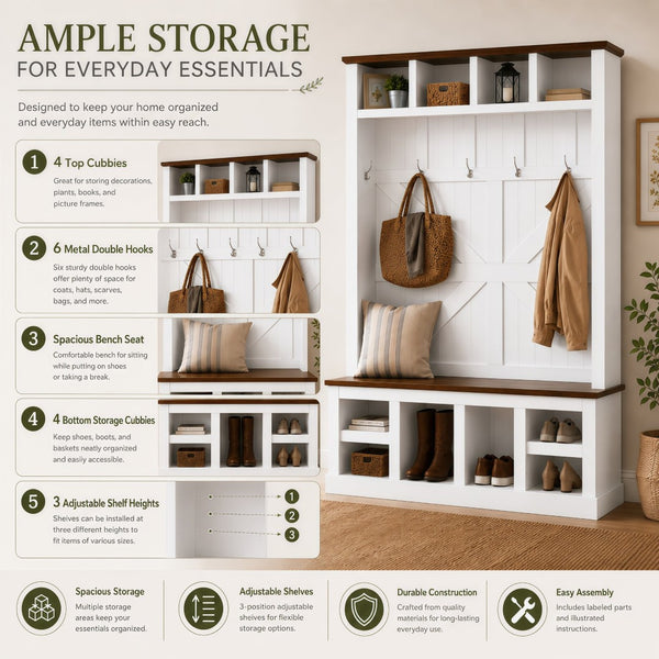 English Elm Farmhouse Hall Tree with Bench Cubbies and Hooks for Mudroom Entryway Storage W5271S00014