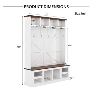 English Elm Farmhouse Hall Tree with Bench Cubbies and Hooks for Mudroom Entryway Storage W5271S00014