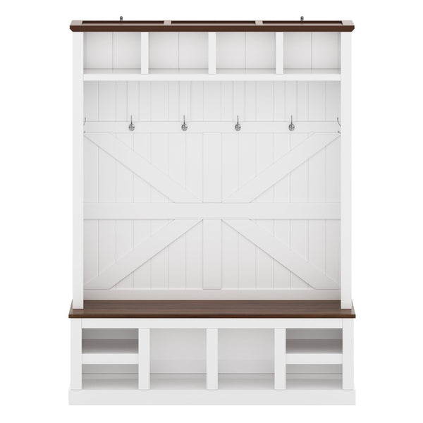 English Elm Farmhouse Hall Tree with Bench Cubbies and Hooks for Mudroom Entryway Storage W5271S00014