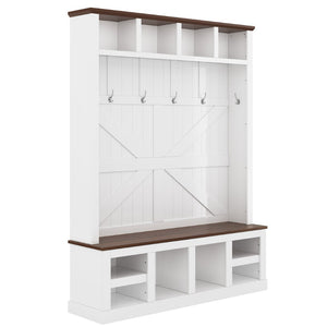 English Elm Farmhouse Hall Tree with Bench Cubbies and Hooks for Mudroom Entryway Storage W5271S00014
