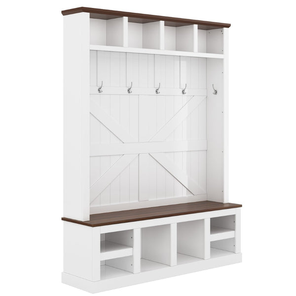 English Elm Farmhouse Hall Tree with Bench Cubbies and Hooks for Mudroom Entryway Storage W5271S00014