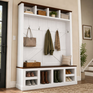 English Elm Farmhouse Hall Tree with Bench Cubbies and Hooks for Mudroom Entryway Storage W5271S00014