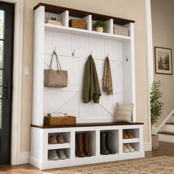 English Elm Farmhouse Hall Tree with Bench Cubbies and Hooks for Mudroom Entryway Storage W5271S00014