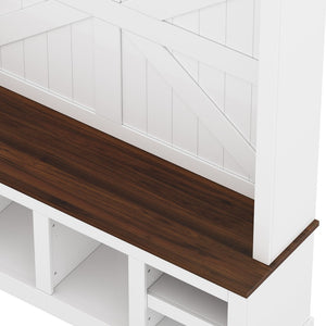 English Elm Farmhouse Hall Tree with Bench Cubbies and Hooks for Mudroom Entryway Storage W5271S00014