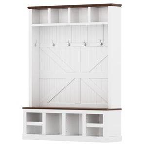 English Elm Farmhouse Hall Tree with Bench Cubbies and Hooks for Mudroom Entryway Storage W5271S00014