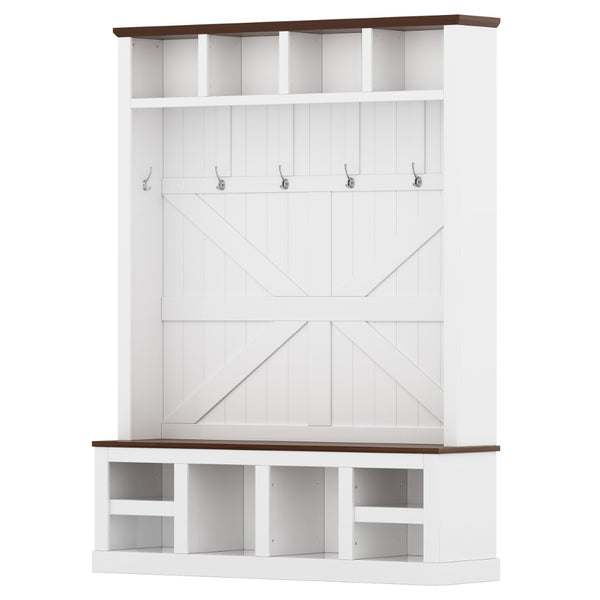 English Elm Farmhouse Hall Tree with Bench Cubbies and Hooks for Mudroom Entryway Storage W5271S00014