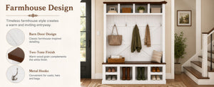 English Elm Farmhouse Hall Tree with Bench Cubbies and Hooks for Mudroom Entryway Storage W5271S00014