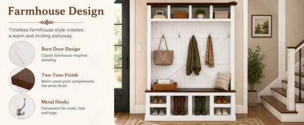 English Elm Farmhouse Hall Tree with Bench Cubbies and Hooks for Mudroom Entryway Storage W5271S00014