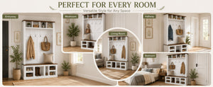 English Elm Farmhouse Hall Tree with Bench Cubbies and Hooks for Mudroom Entryway Storage W5271S00014