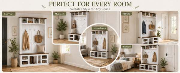 English Elm Farmhouse Hall Tree with Bench Cubbies and Hooks for Mudroom Entryway Storage W5271S00014
