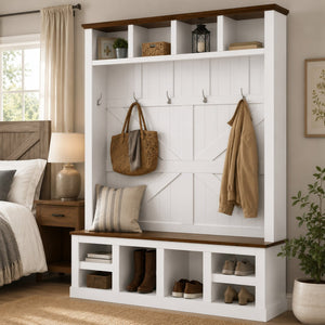 English Elm Farmhouse Hall Tree with Bench Cubbies and Hooks for Mudroom Entryway Storage W5271S00014