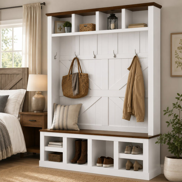 English Elm Farmhouse Hall Tree with Bench Cubbies and Hooks for Mudroom Entryway Storage W5271S00014