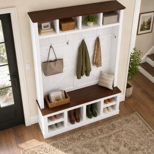 English Elm Farmhouse Hall Tree with Bench Cubbies and Hooks for Mudroom Entryway Storage W5271S00014