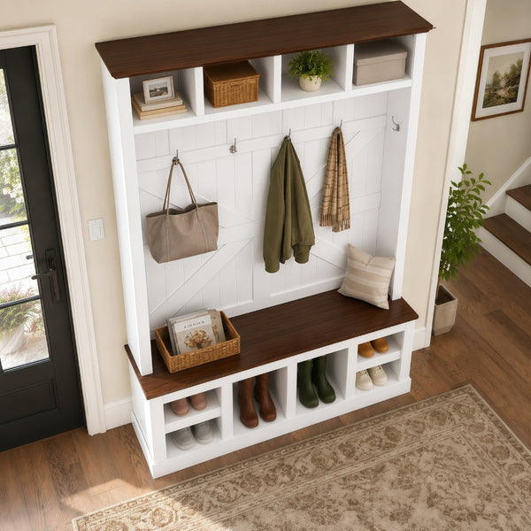 English Elm Farmhouse Hall Tree with Bench Cubbies and Hooks for Mudroom Entryway Storage W5271S00014