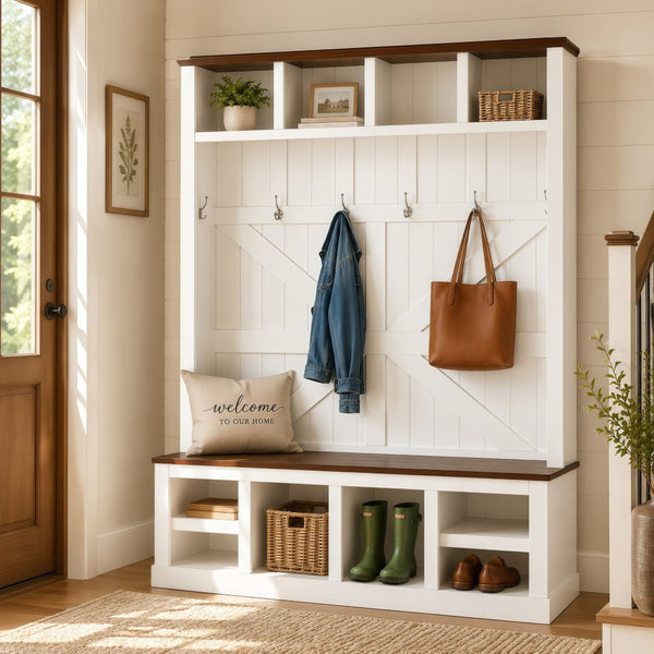 English Elm Farmhouse Hall Tree with Bench Cubbies and Hooks for Mudroom Entryway Storage W5271S00014