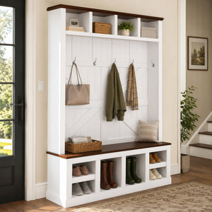 English Elm Farmhouse Hall Tree with Bench Cubbies and Hooks for Mudroom Entryway Storage W5271S00014