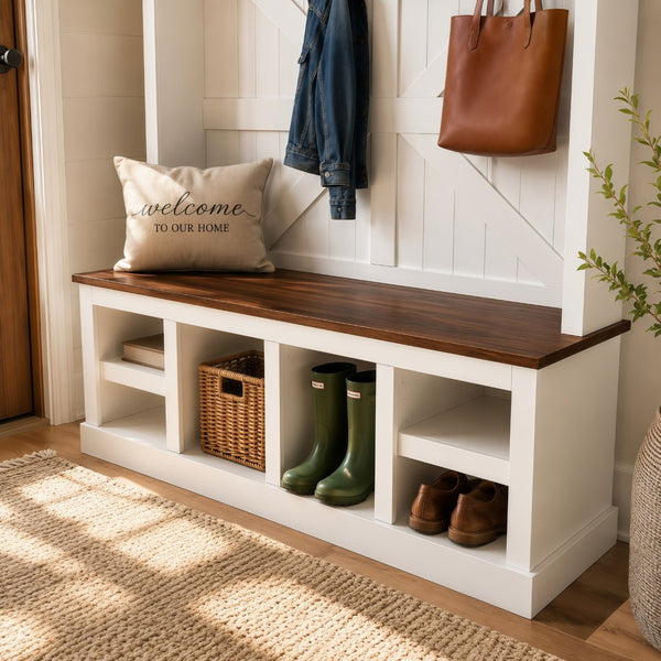 English Elm Farmhouse Hall Tree with Bench Cubbies and Hooks for Mudroom Entryway Storage W5271S00014