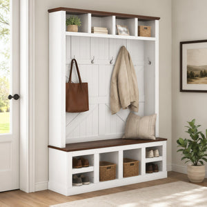 English Elm Farmhouse Hall Tree with Bench Cubbies and Hooks for Mudroom Entryway Storage W5271S00014