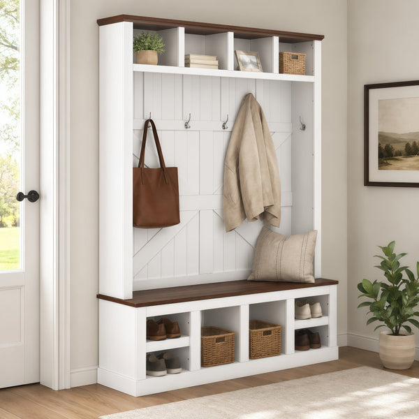 English Elm Farmhouse Hall Tree with Bench Cubbies and Hooks for Mudroom Entryway Storage W5271S00014