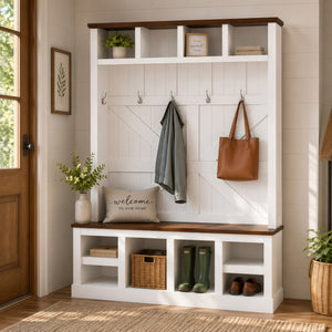 English Elm Farmhouse Hall Tree with Bench Cubbies and Hooks for Mudroom Entryway Storage W5271S00014