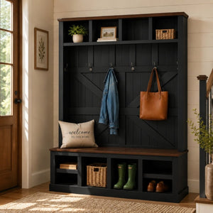English Elm Farmhouse Hall Tree with Bench Six Double Hooks Cubbies and Walnut Black Frame W5271S00015