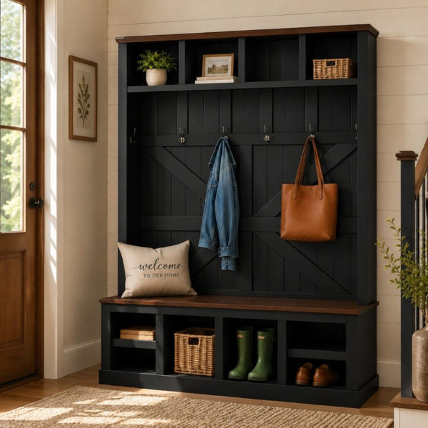 English Elm Farmhouse Hall Tree with Bench Six Double Hooks Cubbies and Walnut Black Frame W5271S00015