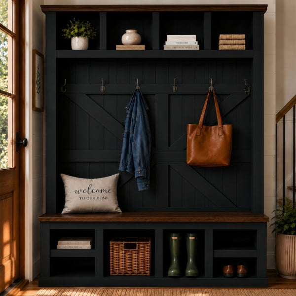 English Elm Farmhouse Hall Tree with Bench Six Double Hooks Cubbies and Walnut Black Frame W5271S00015
