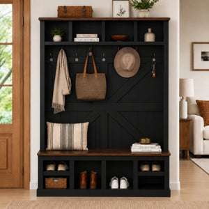 English Elm Farmhouse Hall Tree with Bench Six Double Hooks Cubbies and Walnut Black Frame W5271S00015
