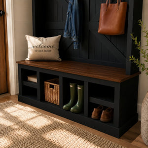 English Elm Farmhouse Hall Tree with Bench Six Double Hooks Cubbies and Walnut Black Frame W5271S00015