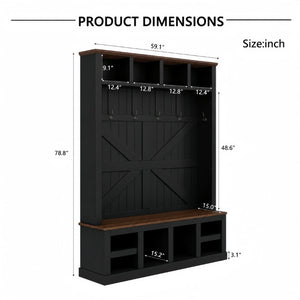 English Elm Farmhouse Hall Tree with Bench Six Double Hooks Cubbies and Walnut Black Frame W5271S00015