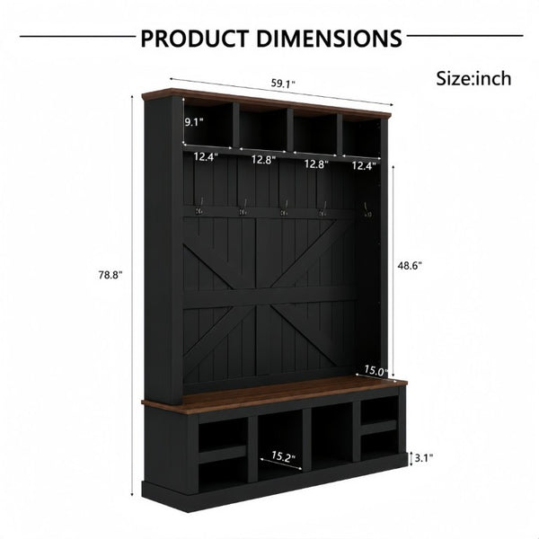 English Elm Farmhouse Hall Tree with Bench Six Double Hooks Cubbies and Walnut Black Frame W5271S00015