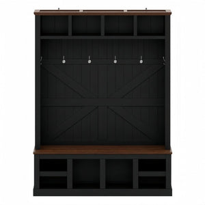 English Elm Farmhouse Hall Tree with Bench Six Double Hooks Cubbies and Walnut Black Frame W5271S00015