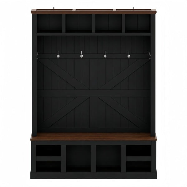 English Elm Farmhouse Hall Tree with Bench Six Double Hooks Cubbies and Walnut Black Frame W5271S00015