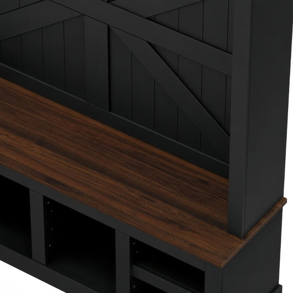 English Elm Farmhouse Hall Tree with Bench Six Double Hooks Cubbies and Walnut Black Frame W5271S00015