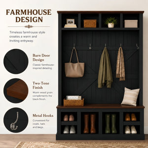 English Elm Farmhouse Hall Tree with Bench Six Double Hooks Cubbies and Walnut Black Frame W5271S00015