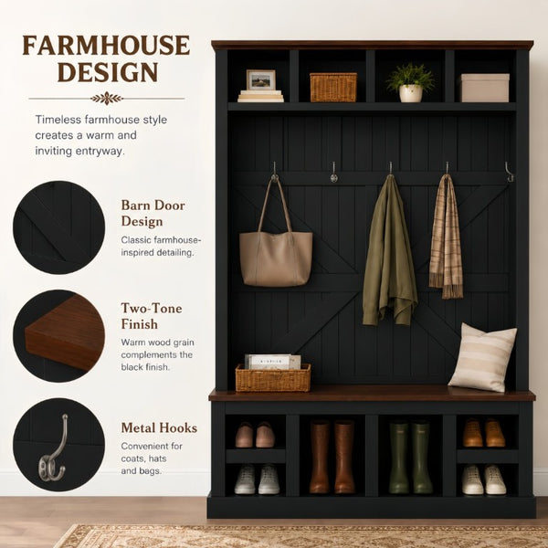English Elm Farmhouse Hall Tree with Bench Six Double Hooks Cubbies and Walnut Black Frame W5271S00015