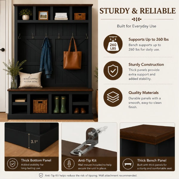 English Elm Farmhouse Hall Tree with Bench Six Double Hooks Cubbies and Walnut Black Frame W5271S00015