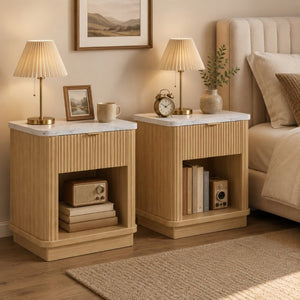English Elm Nightstands Set of 2 Fluted Walnut-Tone with Marble Top Gold Handle and Open Shelf Natural W5271S00016
