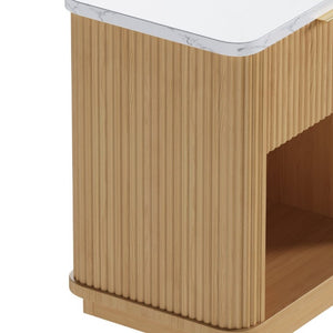 English Elm Nightstands Set of 2 Fluted Walnut-Tone with Marble Top Gold Handle and Open Shelf Natural W5271S00016