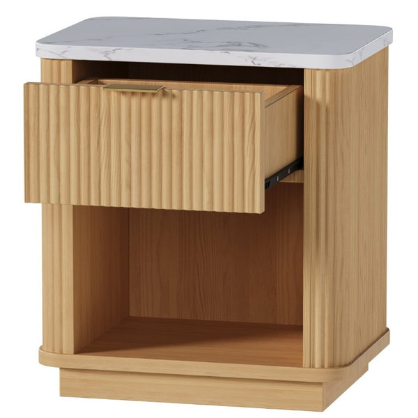 English Elm Nightstands Set of 2 Fluted Walnut-Tone with Marble Top Gold Handle and Open Shelf Natural W5271S00016