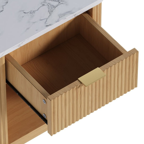 English Elm Nightstands Set of 2 Fluted Walnut-Tone with Marble Top Gold Handle and Open Shelf Natural W5271S00016