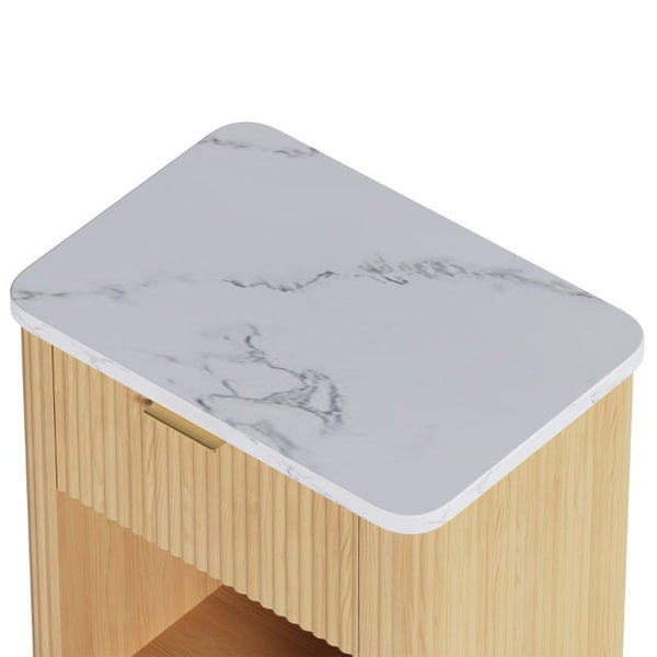 English Elm Nightstands Set of 2 Fluted Walnut-Tone with Marble Top Gold Handle and Open Shelf Natural W5271S00016
