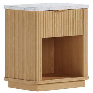 English Elm Nightstands Set of 2 Fluted Walnut-Tone with Marble Top Gold Handle and Open Shelf Natural W5271S00016