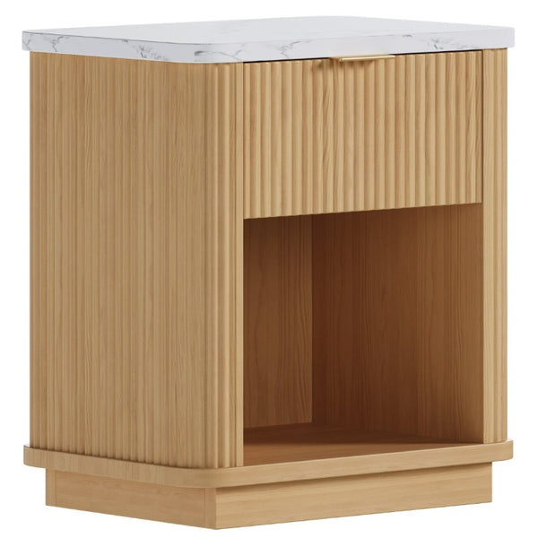 English Elm Nightstands Set of 2 Fluted Walnut-Tone with Marble Top Gold Handle and Open Shelf Natural W5271S00016