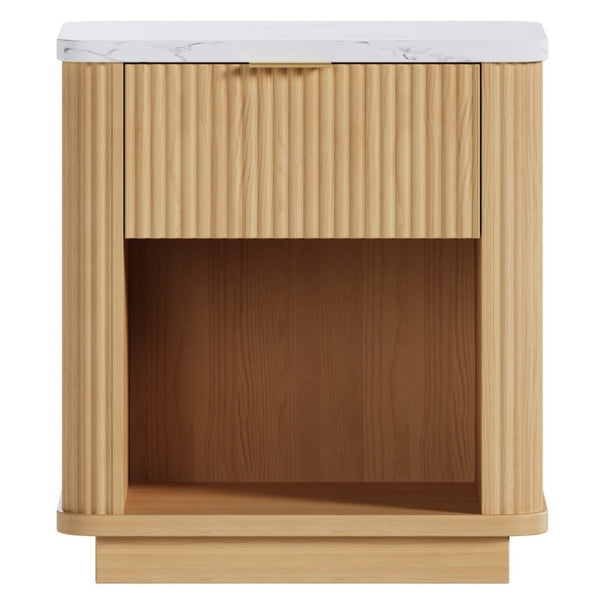English Elm Nightstands Set of 2 Fluted Walnut-Tone with Marble Top Gold Handle and Open Shelf Natural W5271S00016