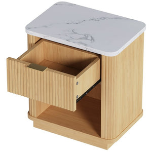English Elm Nightstands Set of 2 Fluted Walnut-Tone with Marble Top Gold Handle and Open Shelf Natural W5271S00016