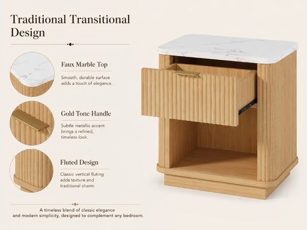 English Elm Nightstands Set of 2 Fluted Walnut-Tone with Marble Top Gold Handle and Open Shelf Natural W5271S00016